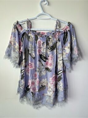 New York & Company Women’s Large Lavender Bohemian Floral Summer Blouse